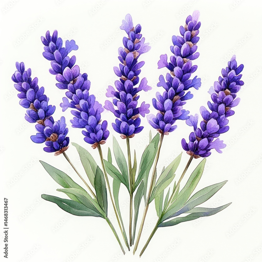 Naklejka premium Detailed illustration of seven lavender flower stalks with rich green leaves on a white background, showcasing delicate purple blooms and natural beauty