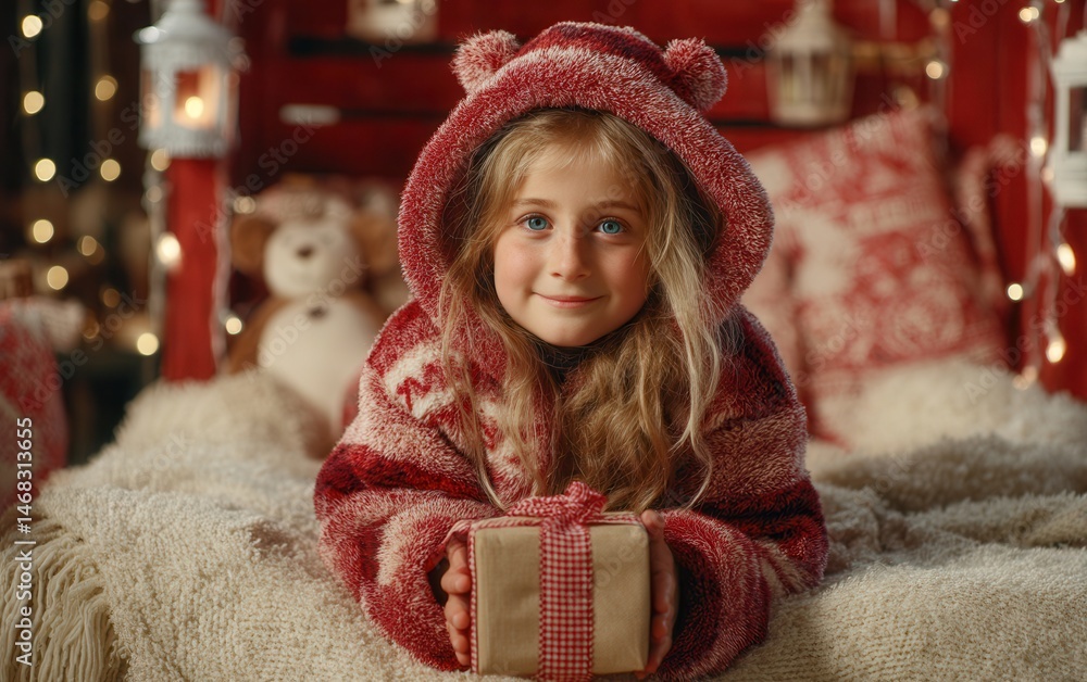 Girl in red and white sweater and hat lying on bed holding wrapped gift in cozy indoor setting.
