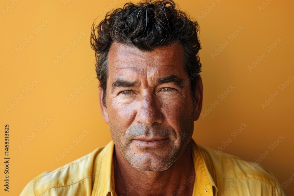 Portrait of a senior man with his eyes closed against a yellow background