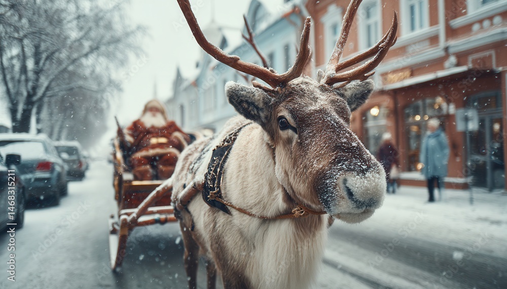 Reindeer with large antlers pulling a sleigh on a snowy street during daytime winter scene.