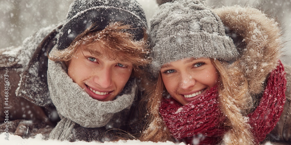 Two people wearing hats and scarves stand in snowy outdoor winter scenery during daytime.