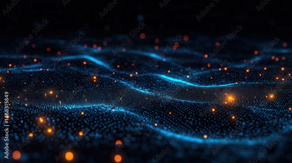 Fototapeta premium Abstract digital landscape with glowing blue grid lines and scattered orange light particles creating a futuristic and dynamic wave effect