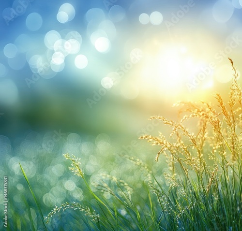 Sunlight shining through tall grasses with a bokeh background of blurred blue and green hues creating a peaceful and bright nature scene