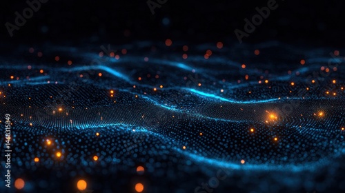 Abstract digital landscape with glowing blue grid lines and scattered orange light particles creating a futuristic and dynamic wave effect
