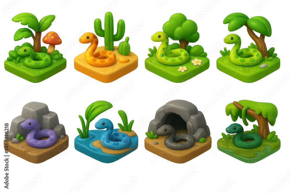 Obraz premium Colorful snake habitat icons set – jungle, desert, garden, cave, rock, water. 3D icon set