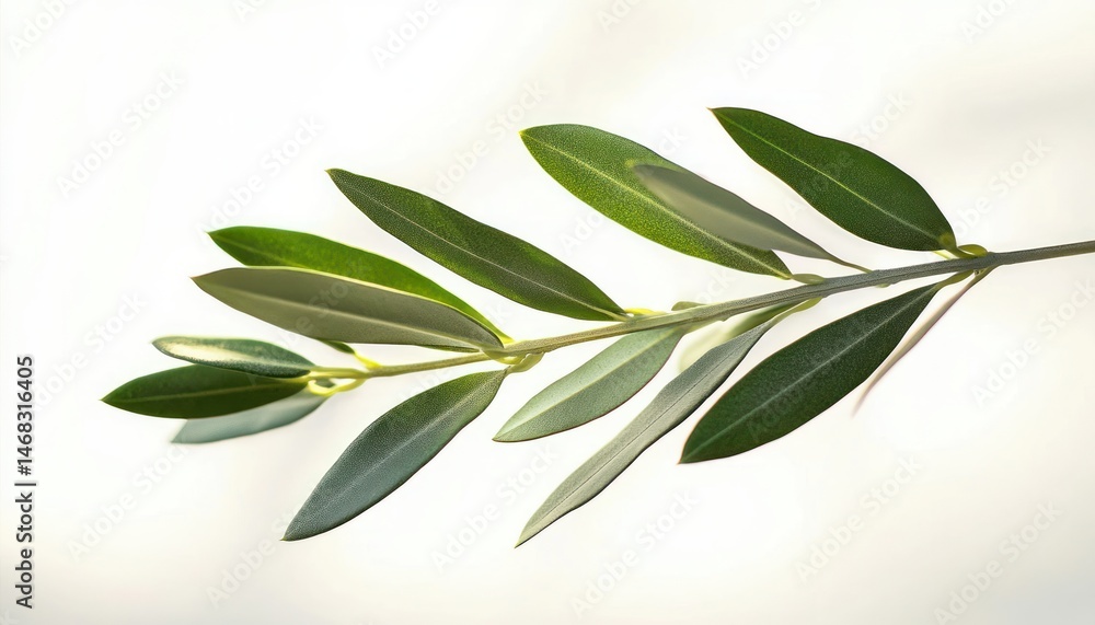 Close-up of a slender branch with elongated green leaves against a soft, light background conveying freshness and natural simplicity Close-up of a slender branch with elongated green leaves against a soft, light background conveying freshness and natural simplicity