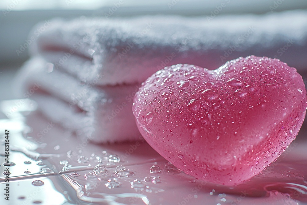 Fototapeta premium A close-up bathroom interior photo of handmade soap and towels in pink heart shape. Generative AI 