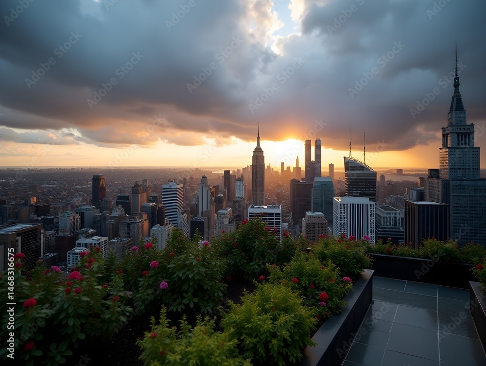 Fototapeta premium Rooftop Garden View of City Skyline at Sunset with Stormy Sky