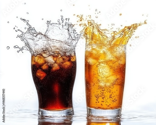 Wallpaper Mural Two refreshing glasses with ice cubes splashing, one filled with dark cola and the other with amber-colored sparkling drink against a white background Torontodigital.ca
