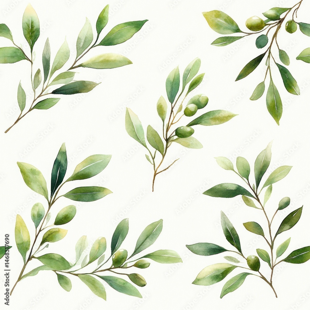 seamless pattern of green watercolor olive branches with leaves and olives on a white background seamless pattern of green watercolor olive branches with leaves and olives on a white background