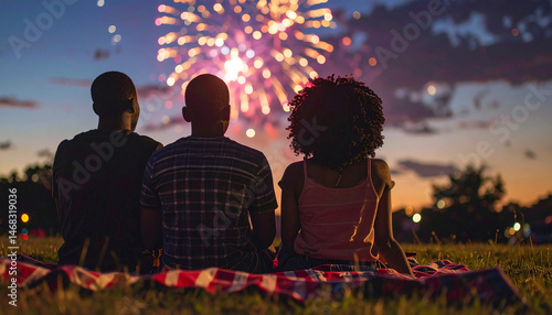 Fototapeta Naklejka Na Ścianę i Meble -  Celebration Under the Stars: Capturing the magic of a summer evening, a group of friends marvel at a dazzling fireworks display set against the twilight sky.