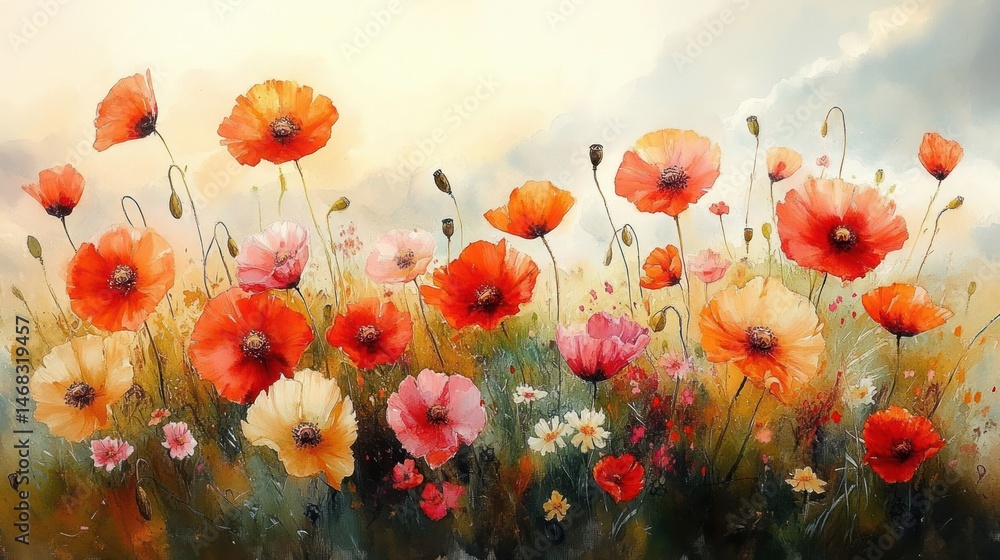 Obraz premium field of vibrant red, pink, and cream poppies blooming under a soft sky with gentle light and delicate wildflowers