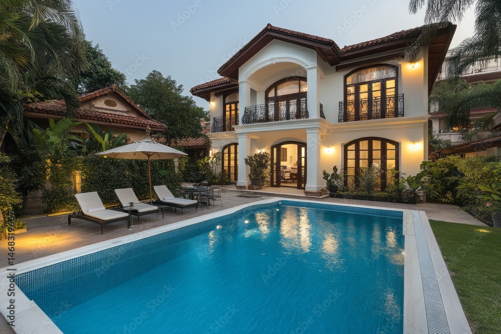 Fototapeta premium Luxurious villa exterior with pool at twilight.