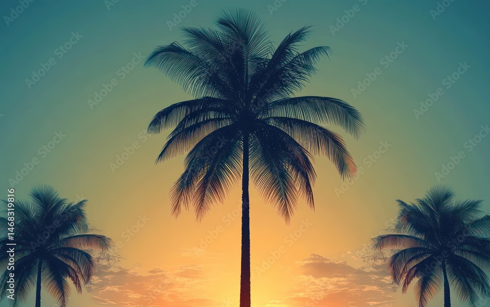 Three tall palm trees silhouetted against a vibrant sunset sky with orange and teal hues, evoking a calm and tropical serene atmosphere Three tall palm trees silhouetted against a vibrant sunset sky with orange and teal hues, evoking a calm and tropical serene atmosphere