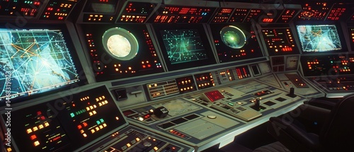 Fototapeta Naklejka Na Ścianę i Meble -  Retro space warfare tactical room with planetary defense systems, orbital strike calculations shown on holographic star maps.