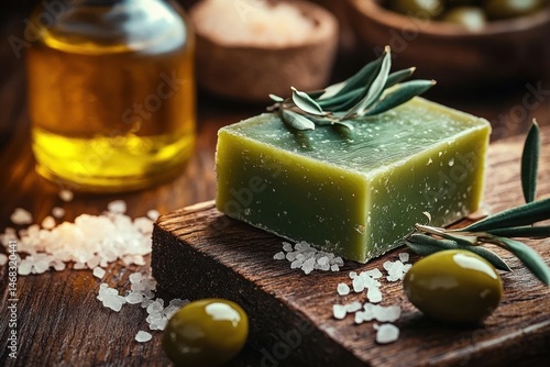 Green natural soap bar with olive leaves on wooden board surrounded by olives, coarse salt crystals, and a bottle of golden oil creating a fresh and calming atmosphere