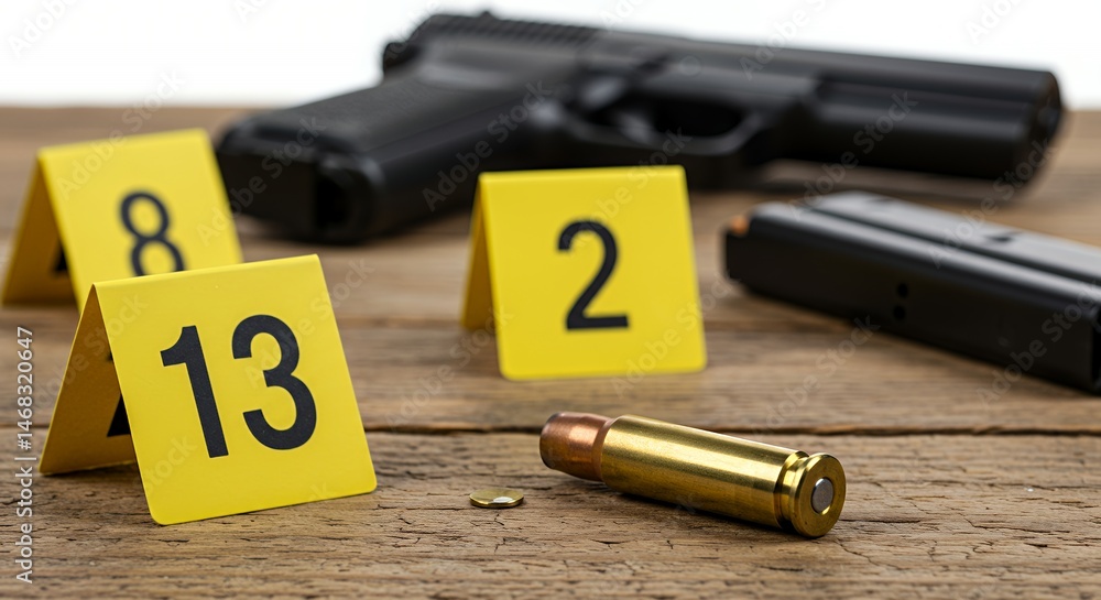 Crime Scene Featuring Firearm Bullet and Evidence Markers on Wood Surface Isolated on White