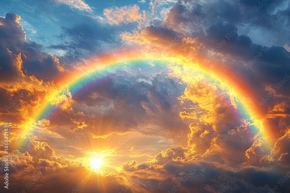 Vibrant rainbow arching across a colorful sky with dramatic clouds illuminated by the warm golden light of the setting sun Vibrant rainbow arching across a colorful sky with dramatic clouds illuminated by the warm golden light of the setting sun