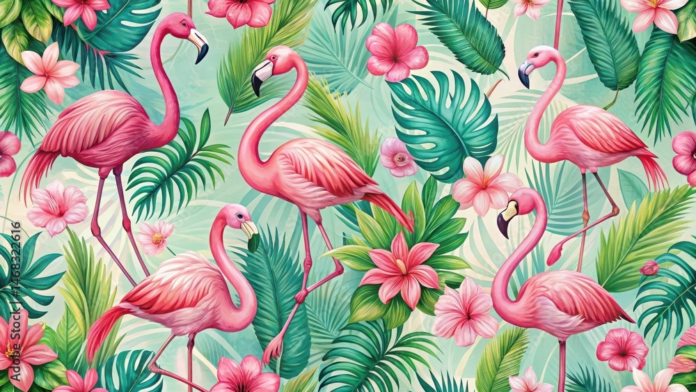 Obraz premium Tropical Pink Bird with Flamingos in a Seamless Floral Pattern