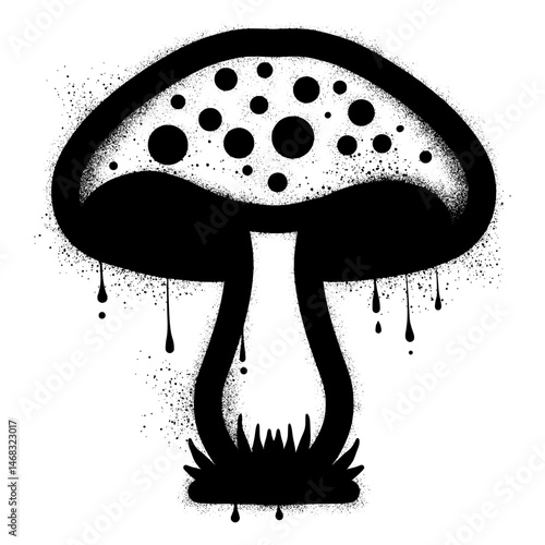 Mushroom with black spray paint graffiti isolated on white background