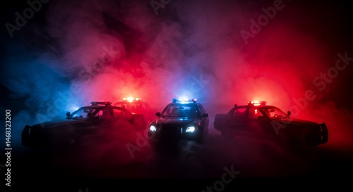Dramatic Silhouetted Law Enforcement Vehicles with Flashing Red and Blue Lights on White Background Showcasing Emergency Response and Theatrical Display Creating an Urgent Scene