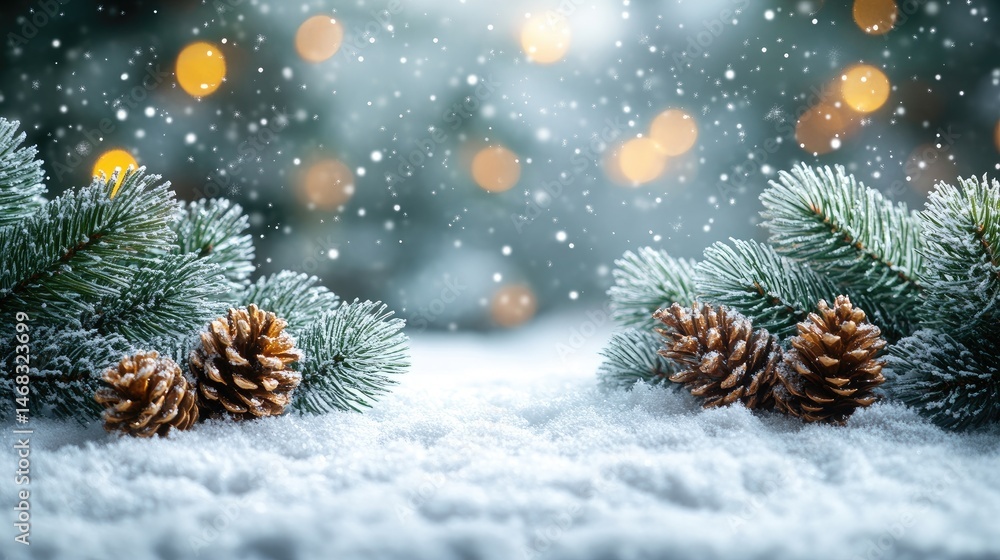 Winter wonderland scene with snow-covered branches and pine cones. Winter wonderland scene with snow-covered branches and pine cones.