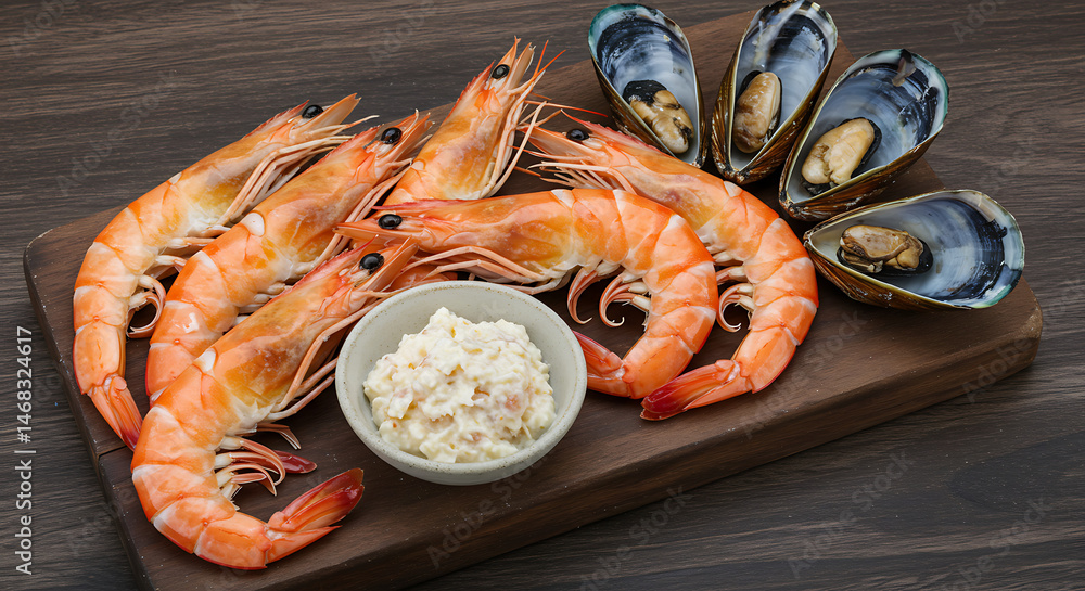 Seafood platter with shrimp, mussels and tartar sauce