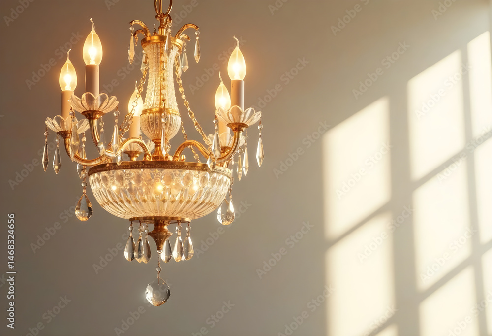 Scene Composition: A warm, minimalist studio background featuring a majestic crystal chandelier with intricate cuts, surrounded by subtle LED lighting that accentuates the crystal's facets. Background Scene Composition: A warm, minimalist studio background featuring a majestic crystal chandelier with intricate cuts, surrounded by subtle LED lighting that accentuates the crystal's facets. Background