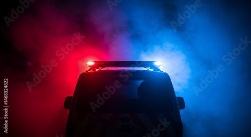Isolated Emergency Vehicle Back View with Red and Blue Flashing Lights Surrounded by Swirling Smoke on White Background