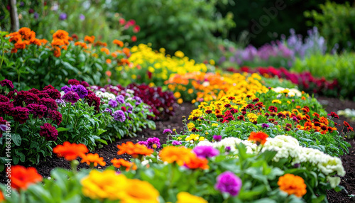 Vibrant edible flower garden with rainbow of colors and textures, showcasing nature beauty and diversity