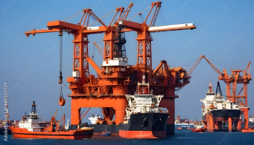 Orange Cranes and Cargo Ships at Port Orange Cranes and Cargo Ships at Port