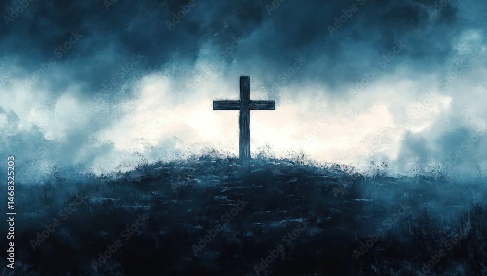 Dark moody landscape with a solitary wooden cross on a hill under an ominous cloudy sky Dark moody landscape with a solitary wooden cross on a hill under an ominous cloudy sky