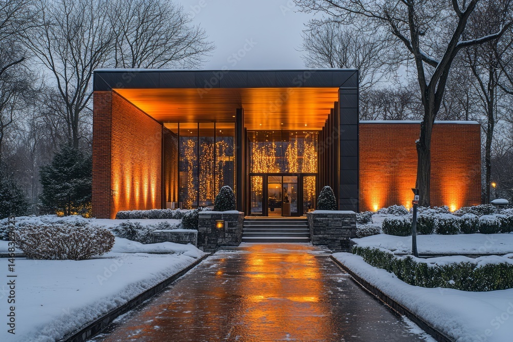 Obraz premium Modern structure bathed in warm winter lights.