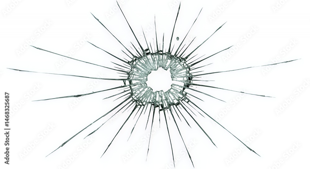 Fototapeta premium Realistic Shattered Glass with Jagged Cracks on Clean White Background Highlighting Sharp Edges and Intricate Fracture Patterns Depicting Impact and Breakage