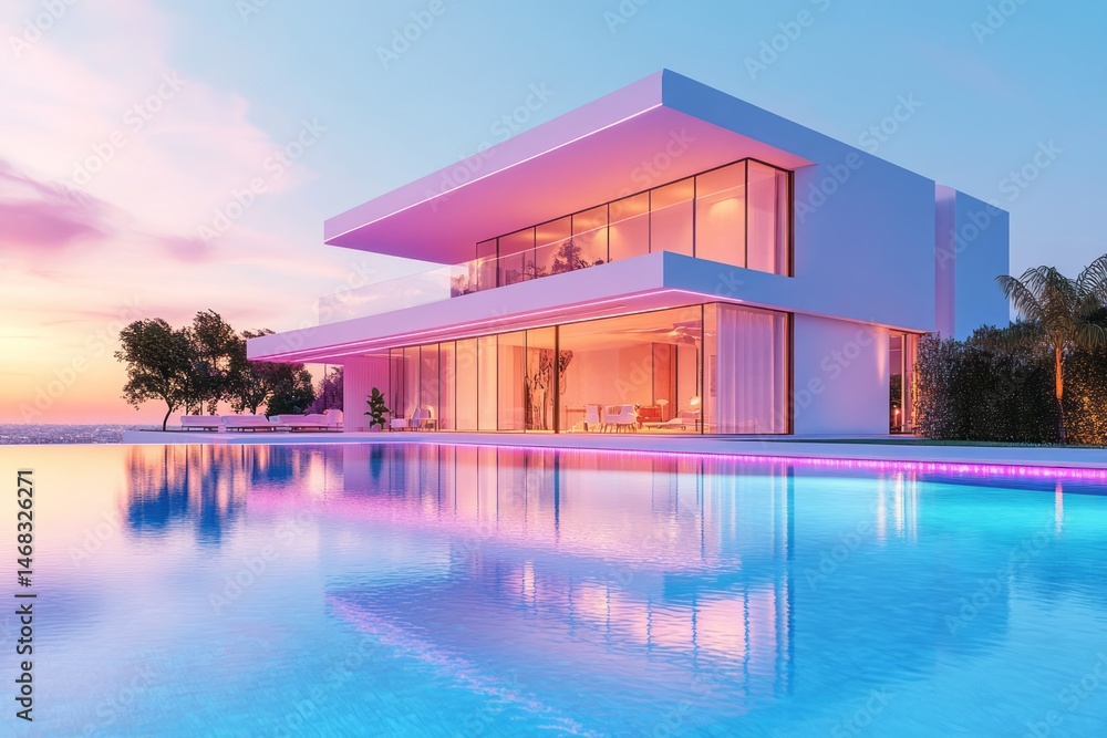Fototapeta premium Modern villa by a pool at sunset with pink lighting.