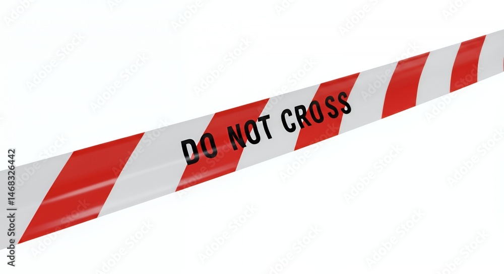 Fototapeta premium Striking White Barricade Tape Featuring Red Stripes and Black Do Not Cross Text Isolated on White Background