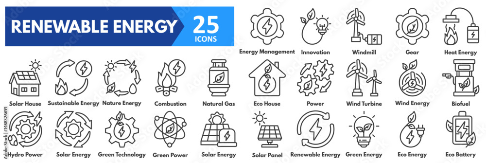 Renewable Energy icon set. with icons of solar panel, renewable, green, eco energy, eco battery, energy management, innovation, windmill, gear, heat, solar house, sustainable Renewable Energy icon set. with icons of solar panel, renewable, green, eco energy, eco battery, energy management, innovation, windmill, gear, heat, solar house, sustainable