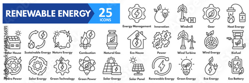 Renewable Energy icon set. with icons of solar panel, renewable, green, eco energy, eco battery, energy management, innovation, windmill, gear, heat, solar house, sustainable