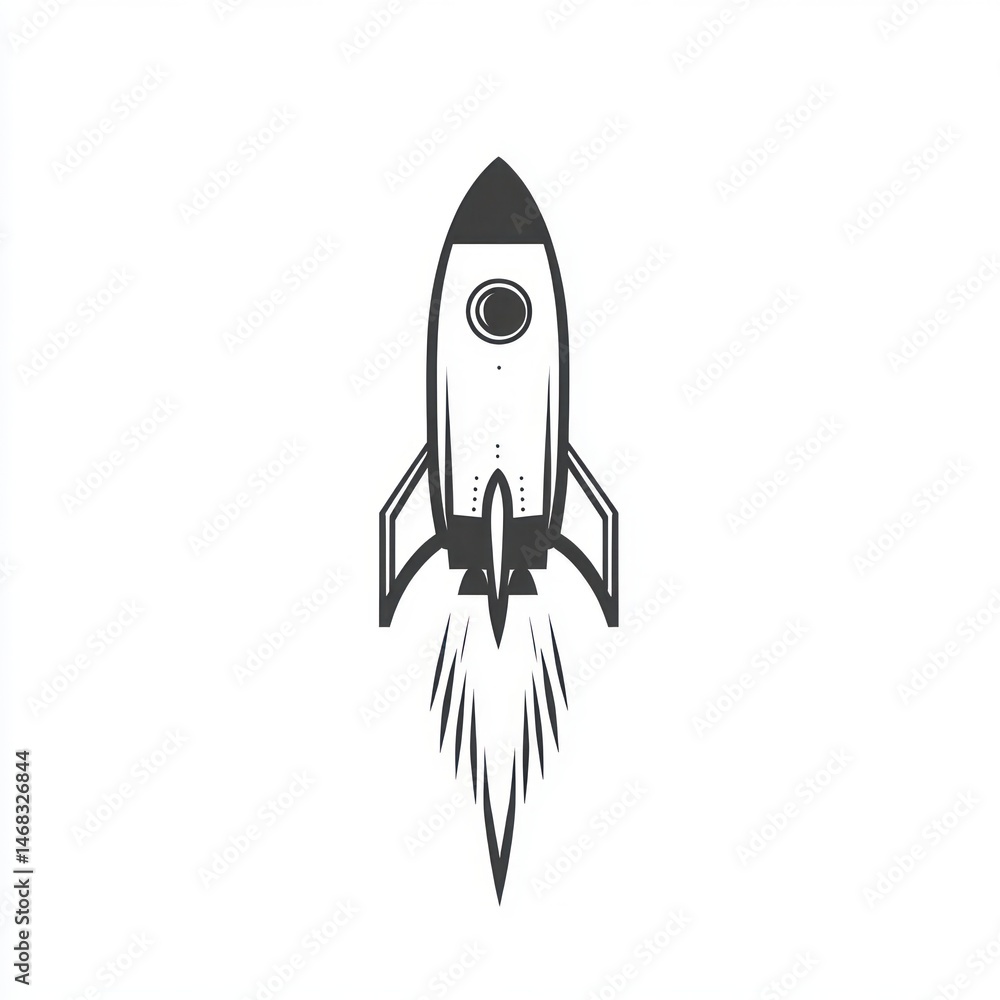 black and white illustration of a rocket ship blasting off with flames and smoke trail against a plain white background black and white illustration of a rocket ship blasting off with flames and smoke trail against a plain white background
