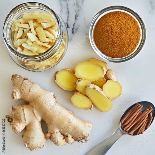 Fresh ginger and powdered spices on a marble surface in an organized layout.