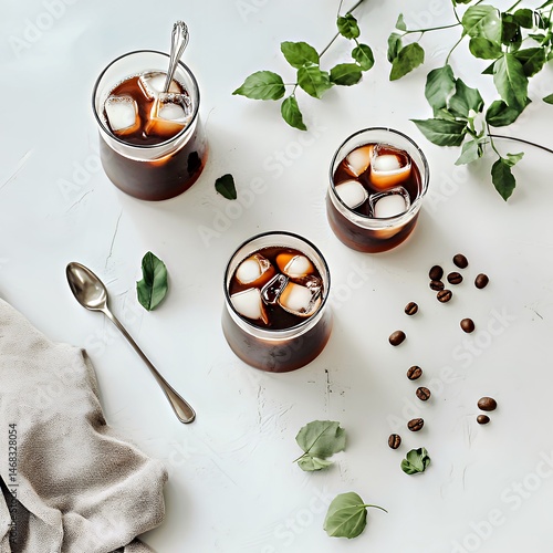 Three refreshing iced coffee glasses with ice cubes and coffee beans on a light background.