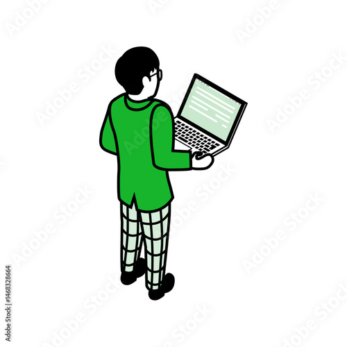 The male student holding a laptop - isometric clip art, Green base color