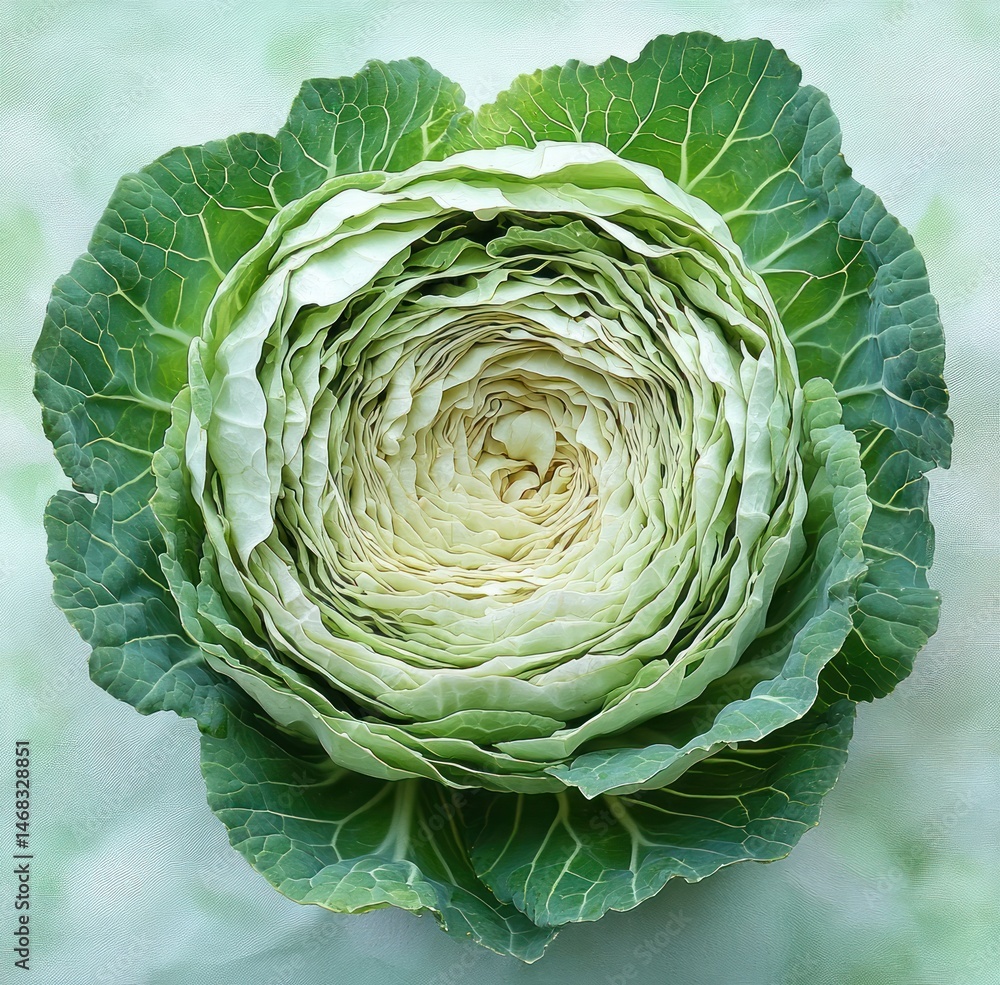 Fototapeta premium Close-up top view of a fresh green cabbage showing intricate layered leaves in soft natural light