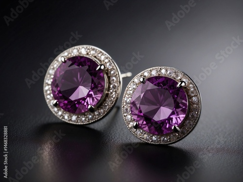 Pair of Purple Gemstone Stud Earrings with Diamond Halo