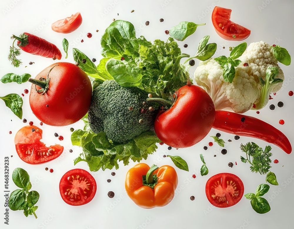 Fresh vibrant assortment of vegetables including tomatoes, bell pepper, broccoli, cauliflower, chili pepper, lettuce, and scattered herbs and peppercorns on a light background Fresh vibrant assortment of vegetables including tomatoes, bell pepper, broccoli, cauliflower, chili pepper, lettuce, and scattered herbs and peppercorns on a light background