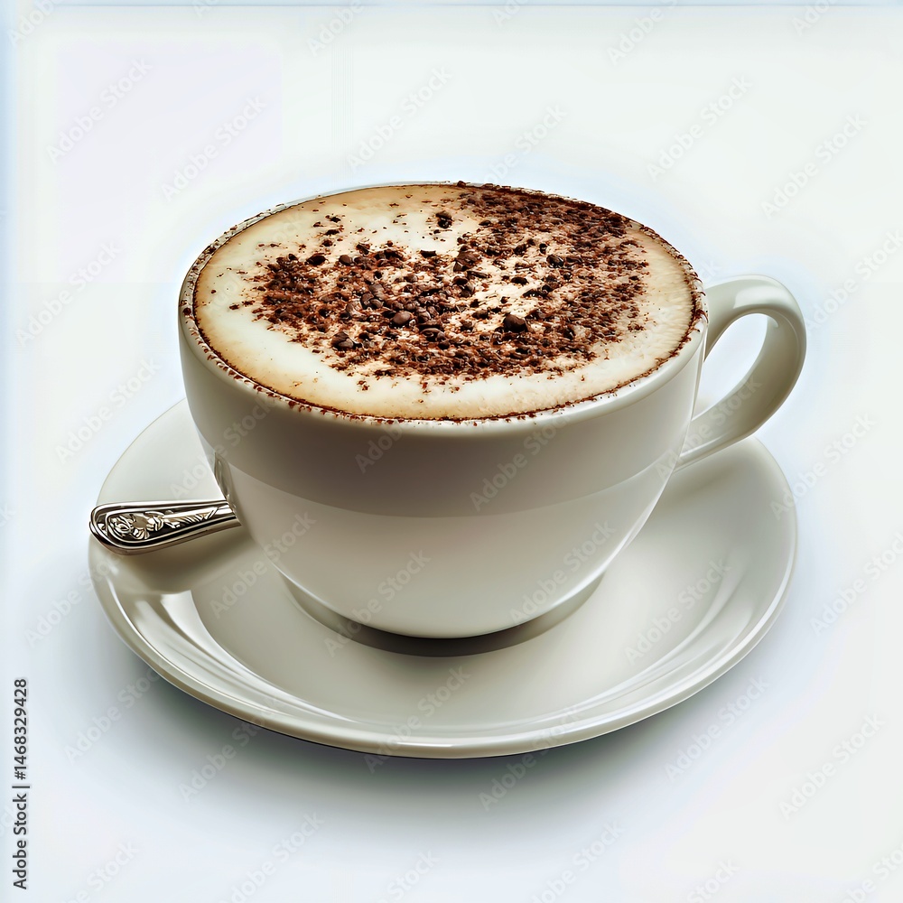 Obraz premium Delicious coffee topped with cocoa, served in a white cup on a saucer.