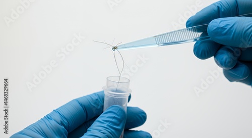 Gloved Hand Transferring Hair Strands Into Sample Tube Using Tweezers Against White Backdrop