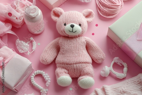 A collection of adorable pink baby gifts and accessories.