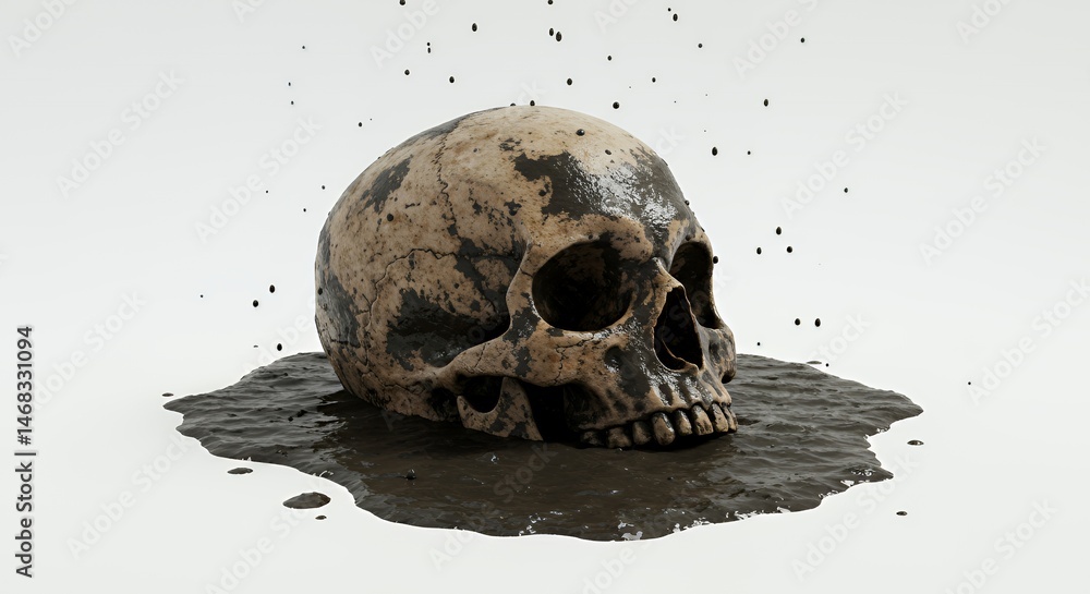Weathered Human Skull Partially Submerged in Dark Wet Mud with Water Droplets on a Clean White Background