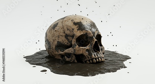 Obraz na płótnie Weathered Human Skull Partially Submerged in Dark Wet Mud with Water Droplets on a Clean White Background w salonie